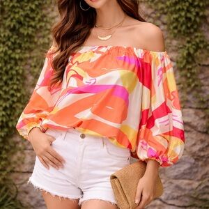 FANCY DREAM Oversized Multicolor Off the Shoulder Blouse, S (Runs Large)
